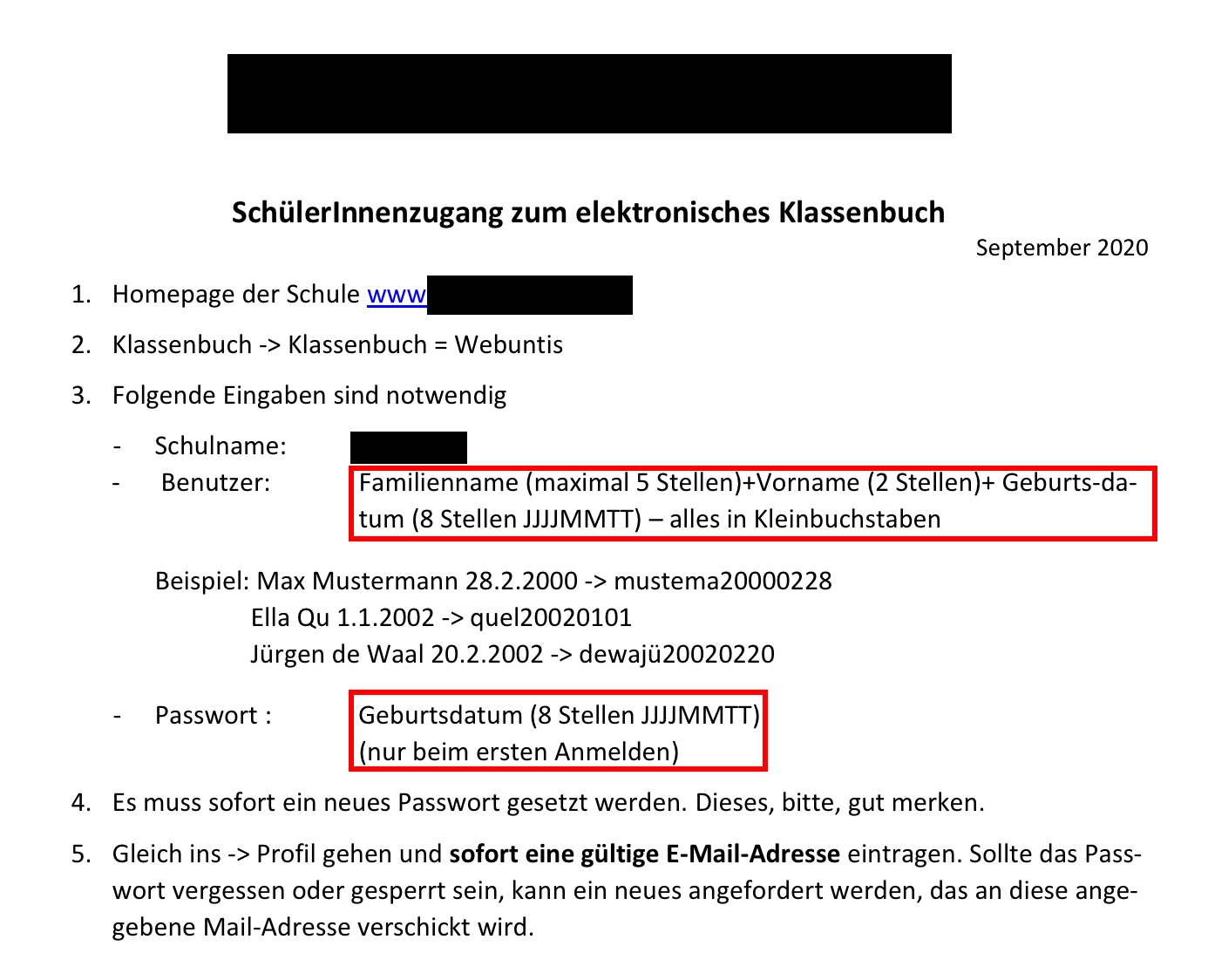Screenshot eines Elternbriefes, in dem die Zusammnesetzung des Nutzernamens und des Standard-Passwortes für den Webuntis-Login genau beschrieben werden.